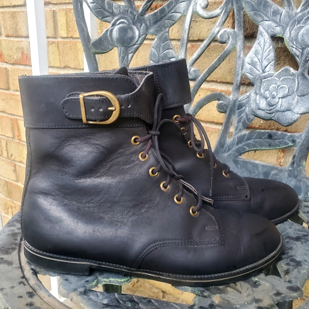 1990s Eddie Bauer USA Black Leather Womens Boots w/ Buckle Sz 6.5